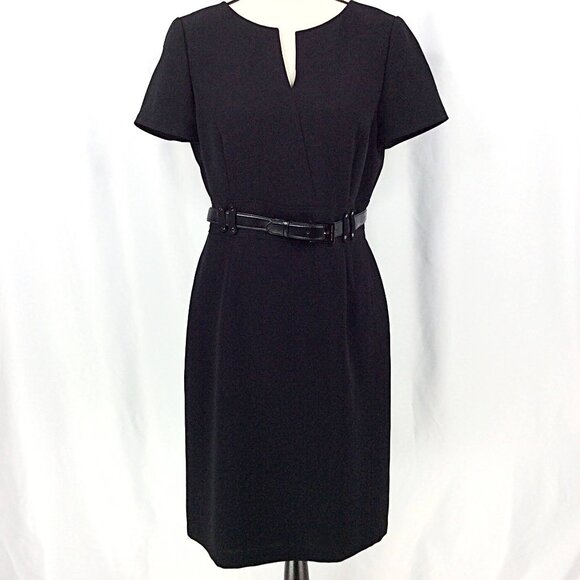 Tahari Arthur Levine Belted Sheath Dress Womens Size 8 Black Short Sleeve V-Neck - Picture 1 of 9